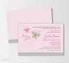 girl baby shower invitation with light pink polka dot background, gray polka dot bottom, butterflies and pink text, double sided