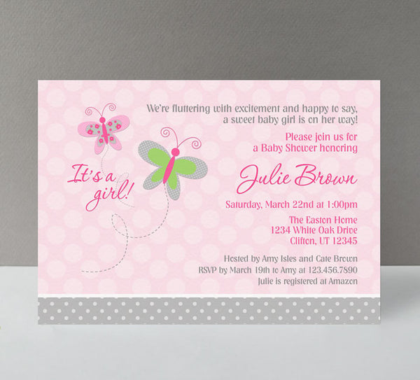 girl baby shower invitation with light pink polka dot background, gray polka dot bottom, butterflies and pink text. 