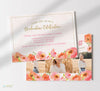 horizontal graduation announcement with pink watercolor background, pink and orange poppies along bottom and sides, and three photos of the grad, back side with party text