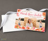 horizontal graduation announcement with pink watercolor background, pink and orange poppies along bottom and sides, and three photos of the grad,  printed with stack of white envelopes