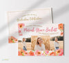 horizontal graduation announcement with pink watercolor background, pink and orange poppies along bottom and sides, and three photos of the grad