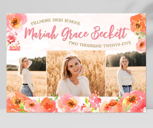 horizontal graduation announcement with pink watercolor background, pink and orange poppies along bottom and sides, and three photos of the grad