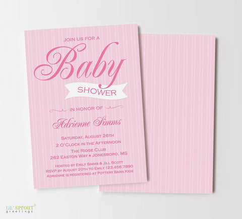 girl baby shower invitation with light pink striped background, dark pink text, double sided