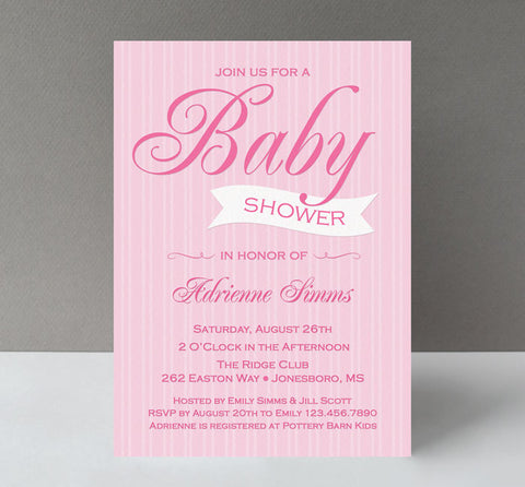 girl baby shower invitation with light pink striped background, dark pink text