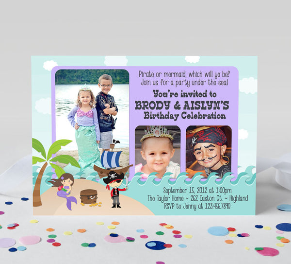 pirate and mermaid themed birthday invitation for two kids in teal and purple colors with photos 