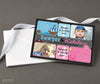 pirate and princess themed birthday invitation for two kids with photos, pink and blue colors and black background, printed on cardstock