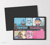 pirate and princess themed birthday invitation for two kids with photos, pink and blue colors and black background, double sided