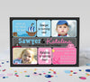 pirate and princess themed birthday invitation for two kids with photos, pink and blue colors and black background