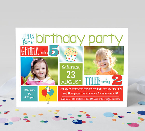 playful joint party invitation for two children with primary colored blocks, two photos and cupcake and balloon details