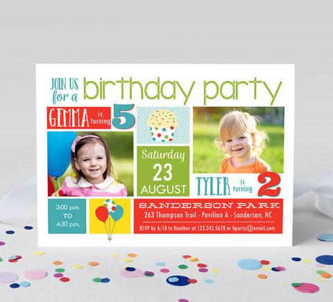 playful joint party invitation for two children with primary colored blocks, two photos and cupcake and balloon details