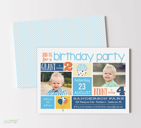 playful joint party invitation for two children with blue, yellow and orange colored blocks, two photos and cupcake and balloon details