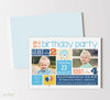 playful joint party invitation for two children with blue, yellow and orange colored blocks, two photos and cupcake and balloon details