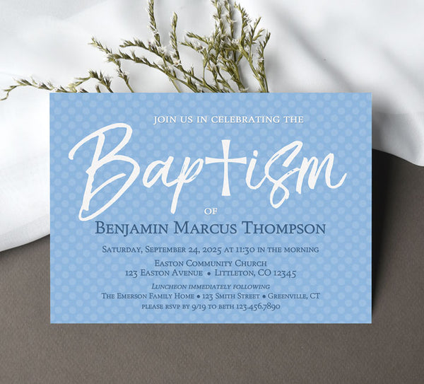 boy baptism invitation with blue polka dot background 