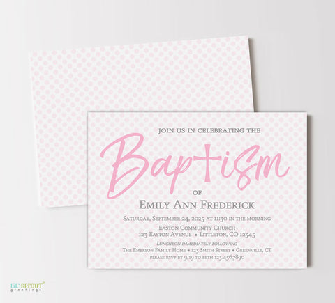 girl baptism invitation with pink polka dot background 