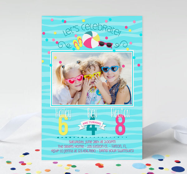 pool party themed joint birthday invitation with a single photo, teal wave background, and pink and yellow text and confetti