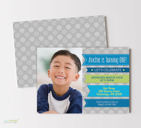 boy birthday invitation with single photo on left, blue and green ribbons on right with party details and a gray polka dot background, double sided