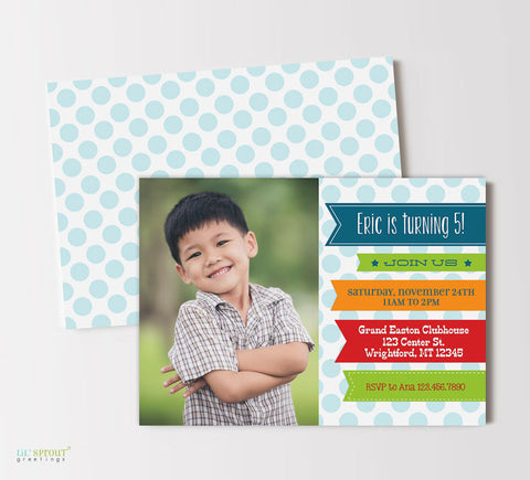 boy birthday invitation with single photo on left, rainbow ribbons on right with party details and a light blue polka dot background