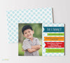 boy birthday invitation with single photo on left, rainbow ribbons on right with party details and a light blue polka dot background