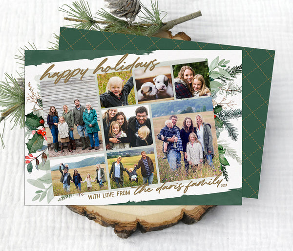 collage style christmas card with 8 photos, a green and white background and watercolored greenery on the left and right sides