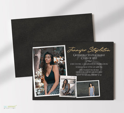 scrapbook style graduation invitation with a gray background, gold accents, white text, and 3 cascading photos