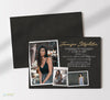 scrapbook style graduation invitation with a gray background, gold accents, white text, and 3 cascading photos