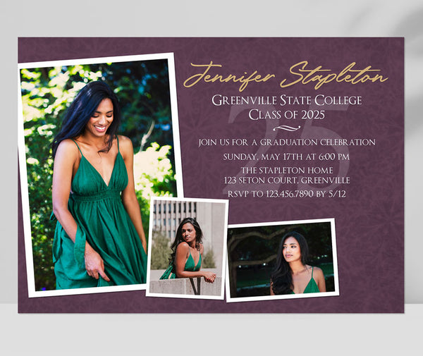 scrapbook style graduation invitation with a purple background, gold accents, white text, and 3 cascading photos