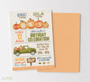 fall themed birthday party invitation for two kids featuring pumpkin graphics, a green vintage truck, leaves, and colorful fonts