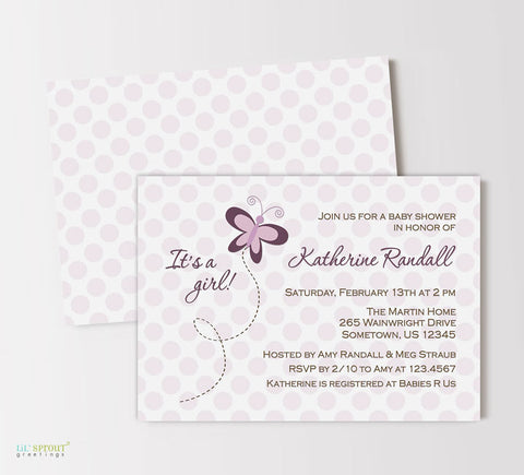 butterfly themed girl baby shower invitation with lilac polka dot background, double sided