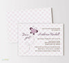 butterfly themed girl baby shower invitation with lilac polka dot background, double sided