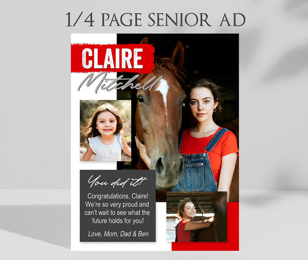 1/4 page senior yearbook ad with gray text box, red accents and 3 photos