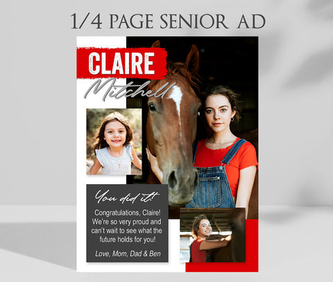 1/4 page senior yearbook ad with gray text box, red accents and 3 photos