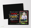 race car themed boy birthday invitation with single photo on right, checkered flag, green race car, and red and yellow text, double sided