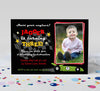 race car themed boy birthday invitation with single photo on right, checkered flag, green race car, and red and yellow text