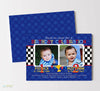 race car themed joint birthday invitation for brothers with two photos, blue polka dot background, black white checkered banner and primary colored text, double sided