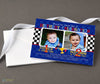 race car themed joint birthday invitation for brothers with two photos, blue polka dot background, black white checkered banner and primary colored text, printed on cardstock