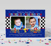 race car themed joint birthday invitation for brothers with two photos, blue polka dot background, black white checkered banner and primary colored text