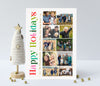 vertical holiday card with 10 photos stacked on right side and rainbow colored holiday wording along the left side. 