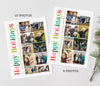 vertical holiday card with 8 or 10 photos stacked on right side and rainbow colored holiday wording along the left side. 