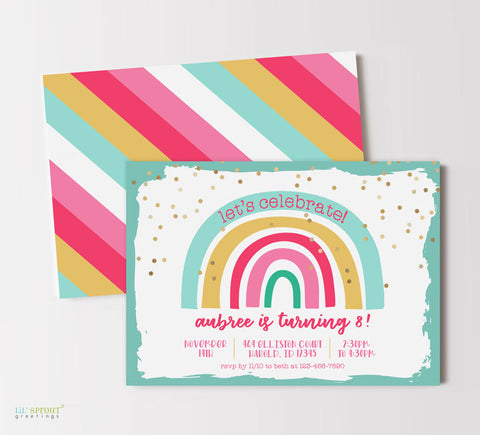 rainbow themed girls birthday invitation with teal border, rainbow graphic, fold confetti and various fonts, rainbow striped back side