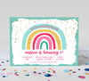 rainbow themed girls birthday invitation with teal border, rainbow graphic, fold confetti and various fonts