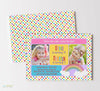 sibling party invitation for two girls with rainbow polka dot background, colorful text boxes, two photos and rainbow graphic, double sided