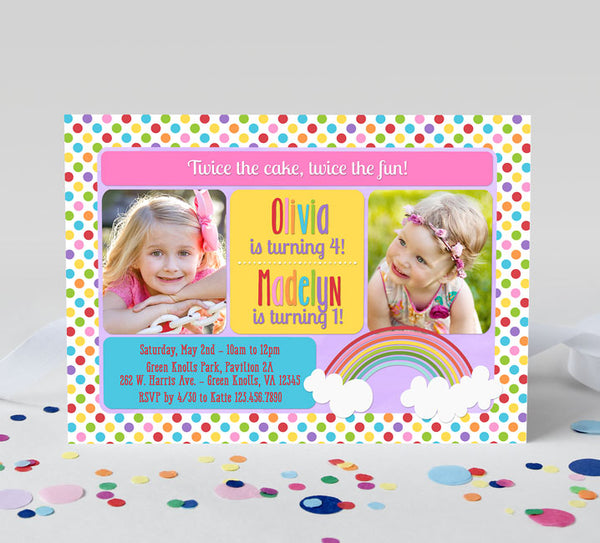 sibling party invitation for two girls with rainbow polka dot background, colorful text boxes, two photos and rainbow graphic