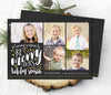 five photo christmas card with a black chalkboard background, and white and gold text in fun fonts