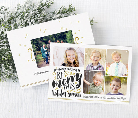 five photo christmas card with a white background, and black and gold text in fun fonts