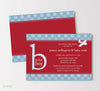 boy baby shower invitation with red center, blue polka dot background, b is for boy wording, double sided