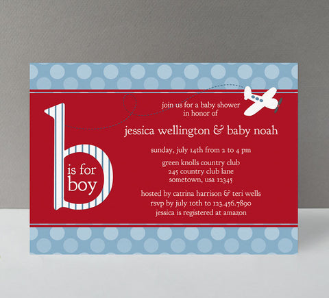 boy baby shower invitation with red center, blue polka dot background, b is for boy wording