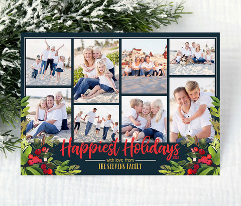 landscape holiday or christmas card with navy background, eight photos and red and green holly berry graphics in each lower corner. back side has holly berry pattern.