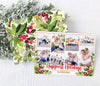 landscape holiday or christmas card with white background, eight photos and red and green holly berry graphics in each lower corner. back side has holly berry pattern.