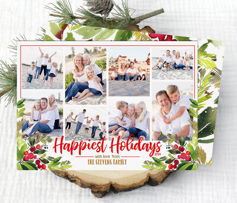 landscape holiday or christmas card with white background, eight photos and red and green holly berry graphics in each lower corner. back side has holly berry pattern.