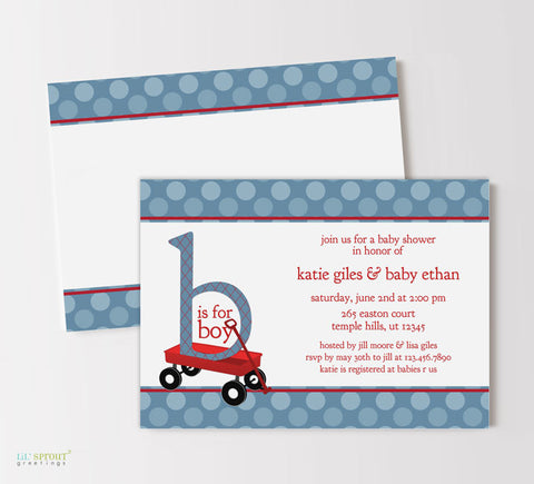 boy baby shower invitation with blue polka dot background and red wagon detail, double sided